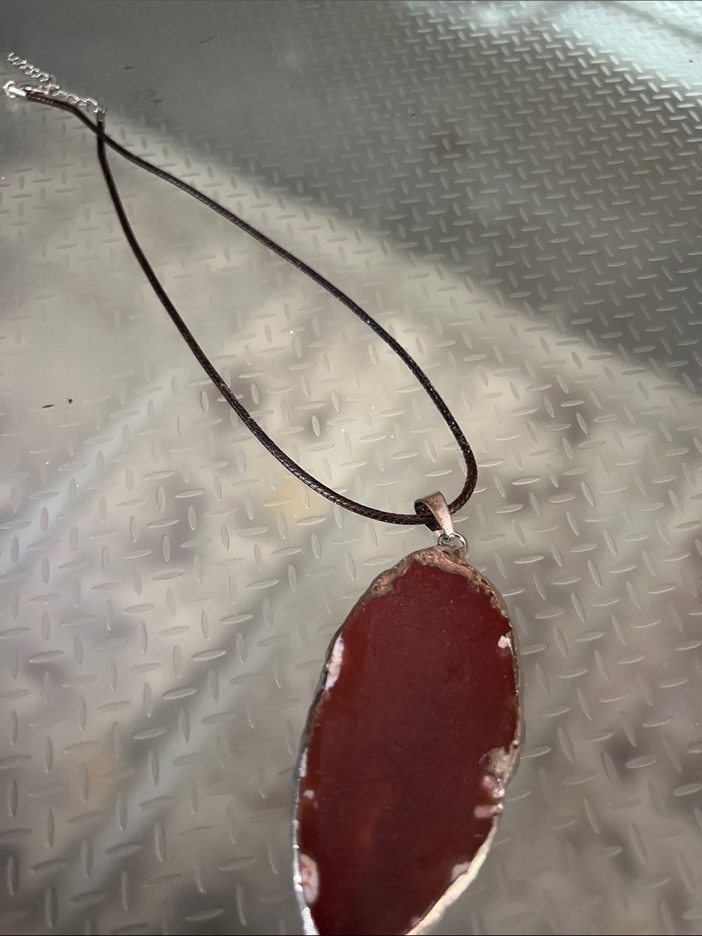 Handcrafted Red Agate Pendant Necklace - Brown Cord